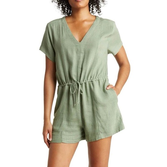 Wishlist Linen Drawstring Olive Green Romper Size M - Picture 1 of 9